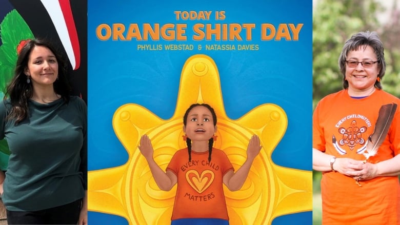 In the middle a book cover shows a child wearing an orange shirt that says 'Every Child Matters.' On either side of the book cover two women smile at the camera.