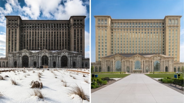 A split image of a large train station on the left which is unrenovated and shot of it after renovations on the right