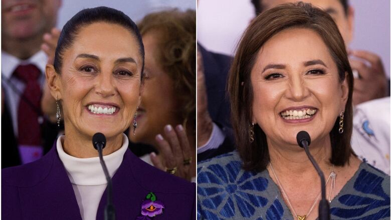 A composite photo shows two smiling women standing at microphones.