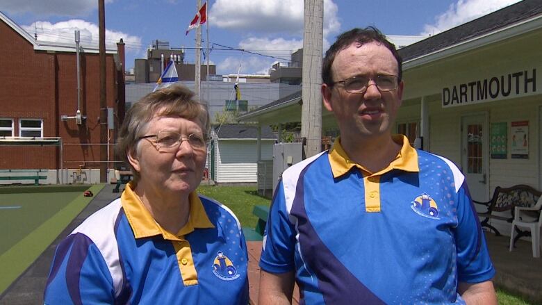 Ann Marie and John stand outside the Dartmouth Lawn Bowling Club