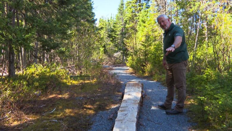 A man wearing a green shirt stands on a trail with a sawed log laying on the ground in front of him.