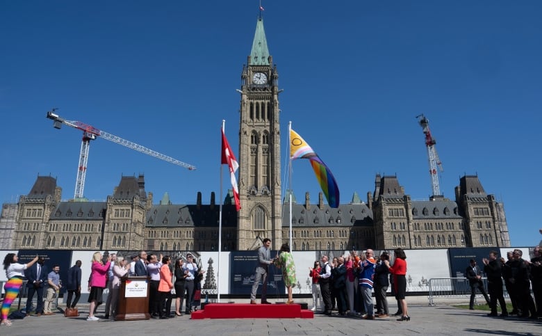 Prime Minister Justin Trudeau and Women and Gender Equality and Youth Minister Marci Ien raise the pride flag during an event on Parliament Hill, in Ottawa, Monday, June 3, 2024.