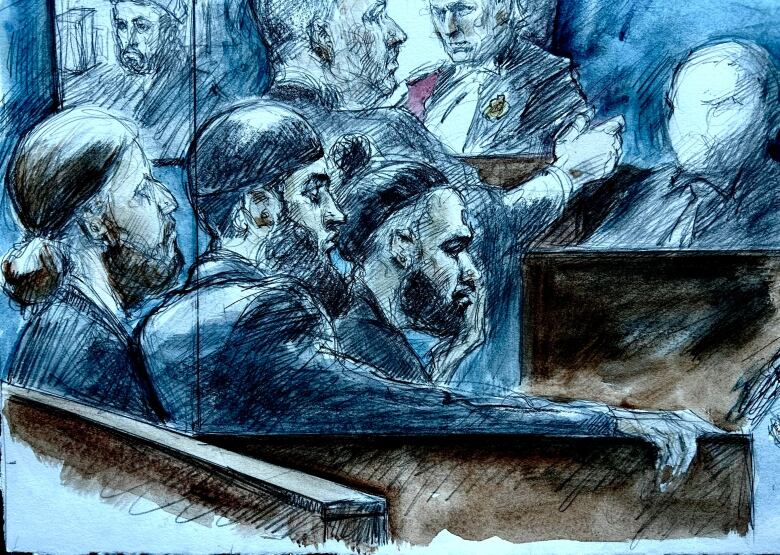 From left to right: Naqash Abbasi, Suliman Raza and Anand Nath. The three, accused in the deadly 2021 shooting at Mississauga family-owned restaurant Chicken Land, appeared at the Ontario Superior Court in Brampton, Ont., on Tuesday.