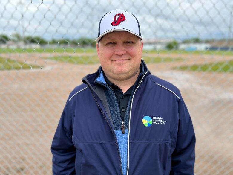 A man wearing a baseball cap and blue jacket stands in front of a baseball field. 