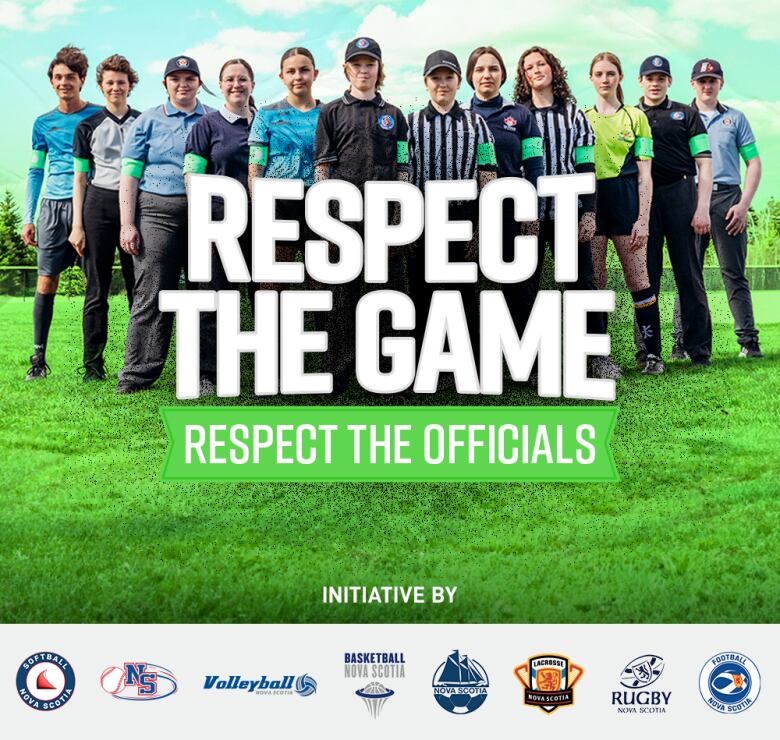 The words Respect the game appear in front of a line of people wearing different sports uniforms.