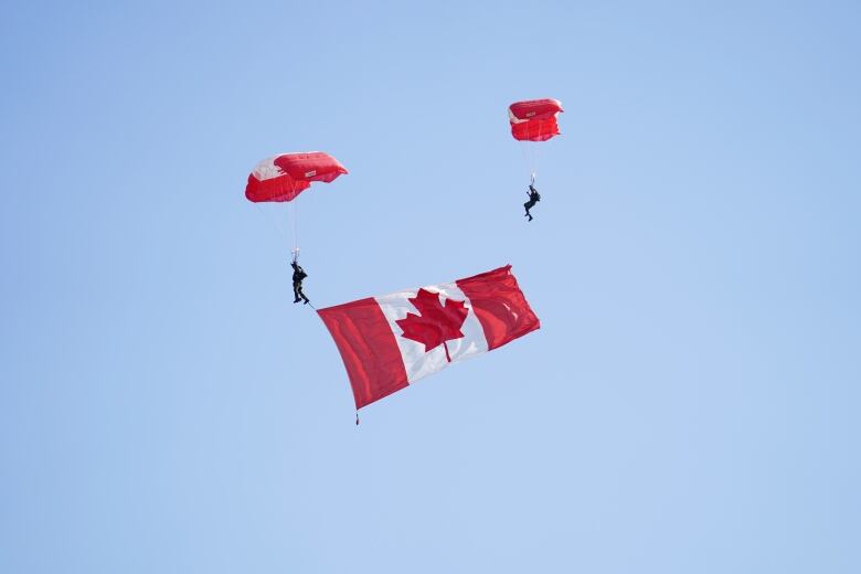 A Canadian flag and two red parachutes are shown in the sky, with two parachutists.