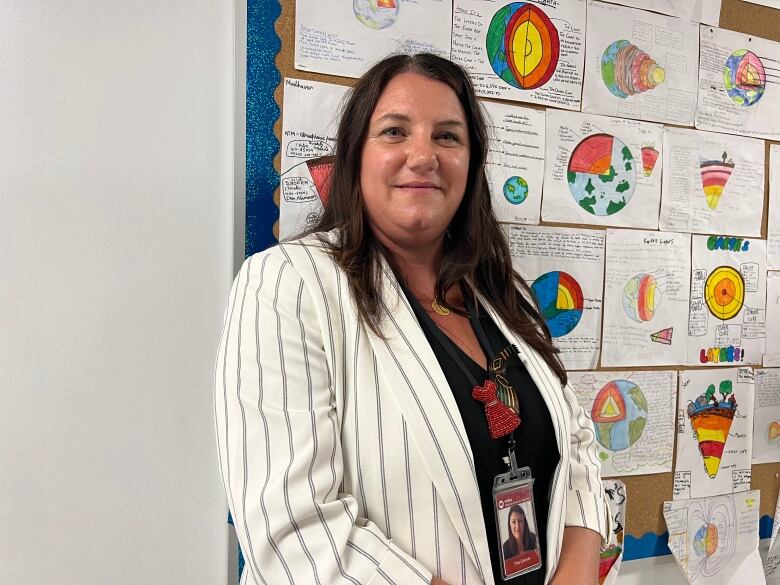 A woman wearing a white blazer stands near a cork board with colourful drawings.