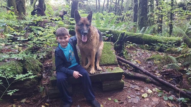 A boy sits on a log in a forest with his arm around a German shepherd dog. 