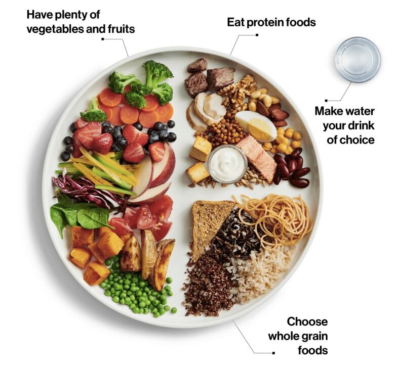 Example of a healthy plate from Canada's food guide. Half the plate is fruits and vegetables, a quarter is whole grains and a quarter is proteins.  