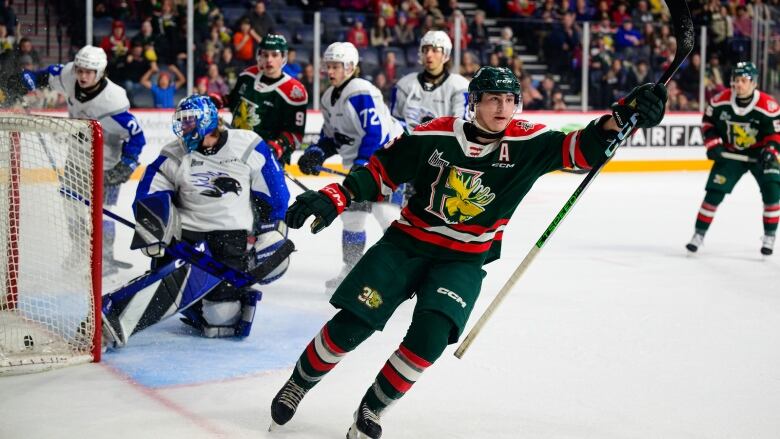 Several hockey players celebrate after their team scores.