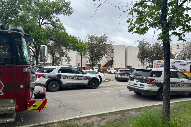 A fire truck and police cruisers are parked on a street