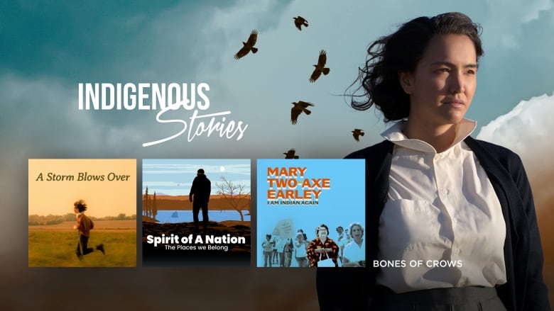 An image promoting the Indigenous Collection on CBC Gem: A young girl with dark hair stands against a blue sky with crows flying by. She is wearing a white shirt and black sweater. There are three other poster titles in squares in a row: The first is a young person running with the words: 