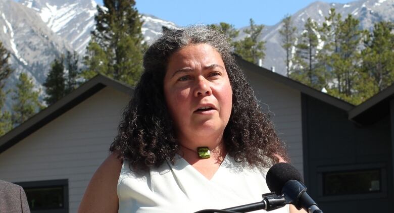 Sarah Elmeligi speaks at an event in Canmore in this file photo. She studied human-bear conflicts as part of her PhD and worked as a conservation consultant before being elected as the MLA for Banff-Kananaskis in 2023.