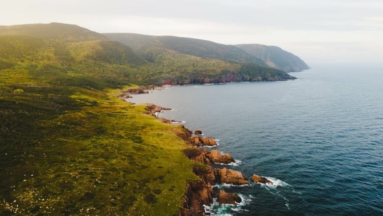 An aerial view of a mountainous coastline.