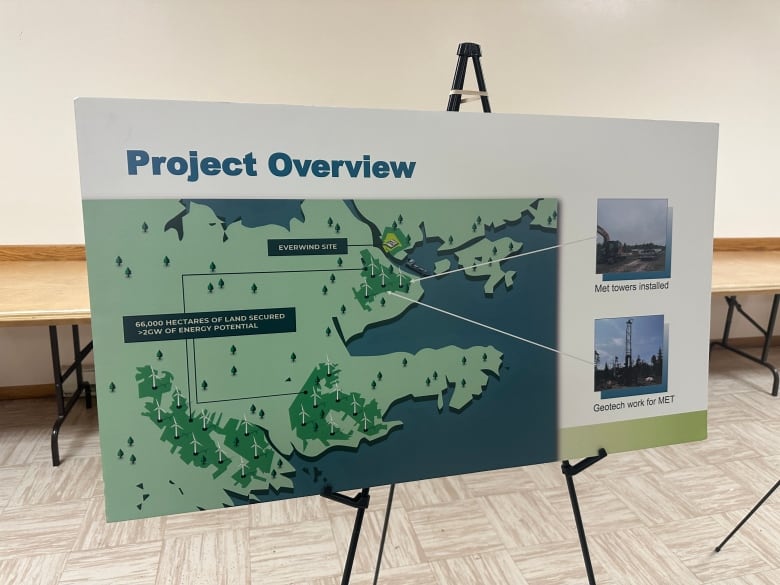 a map shows Guysborough county with three clusters of wind turbines. 