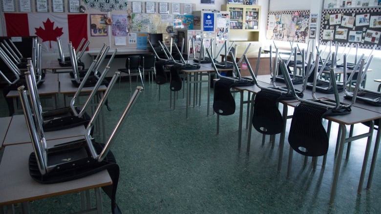 a classroom with chairs flipped over the desks 