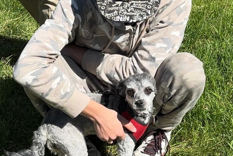 Liam Leblanc pets his small dog on the grass next to the food bank. 