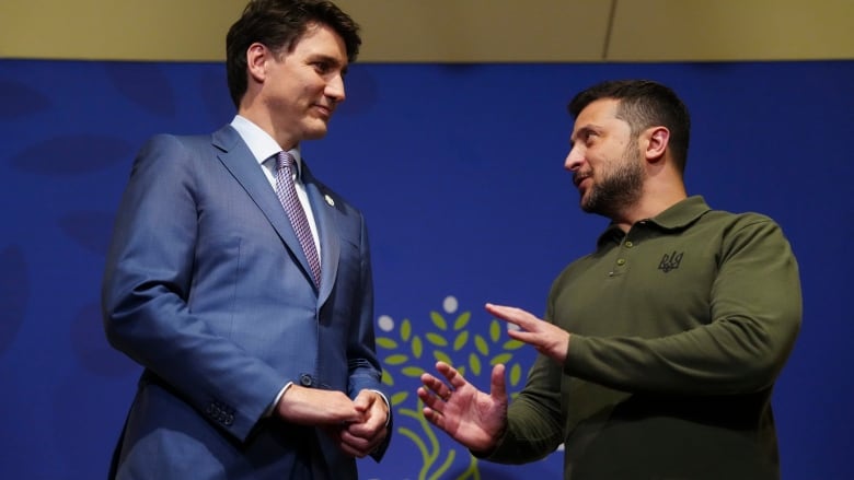 Prime Minister Justin Trudeau, left, takes part in a bilateral meeting with President of Ukraine Volodymyr Zelenskyy at the G7 Summit in Savelletri Di Fasano, Italy on Thursday, June 13, 2024.