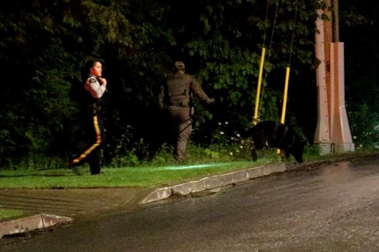 Two police officers, one of whom is handling a dog on a leash, are pictured outside in rainy conditions.