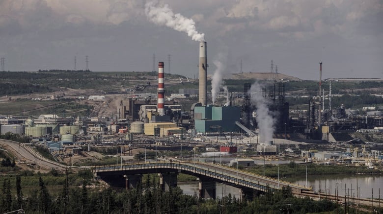 a large scale oilsands operation is seen from a wide angle