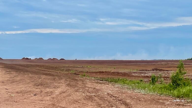 A view looking across the peat bog. The sky is blue and there are wisps of smoke on the horizon.