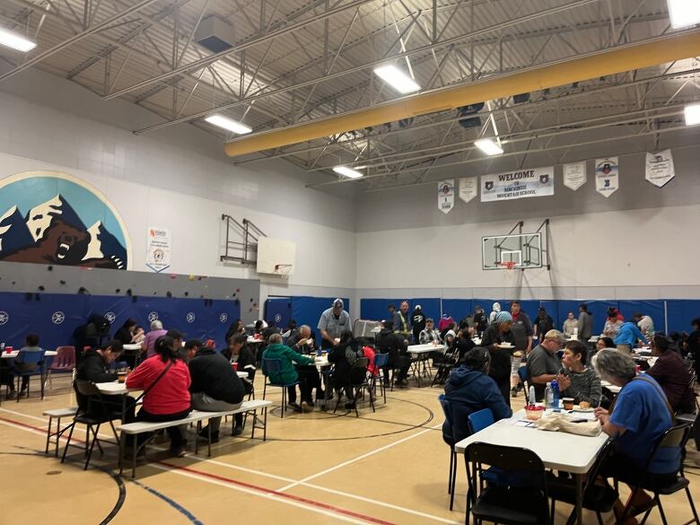 a group of people sit at tables in a school gymnasium 