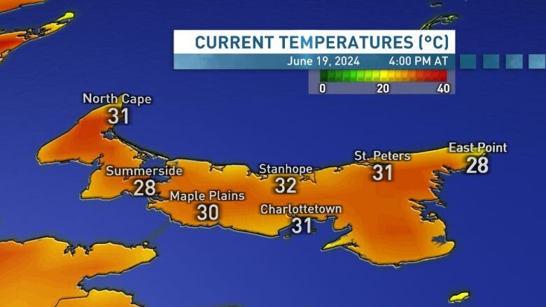 A sampling of temperatures across Prince Edward Island as of 4 p.m. AT Wednesday.