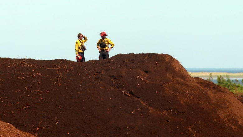 Two firefighters stand on top of a large pile of peat moss, with the ocean in the background.