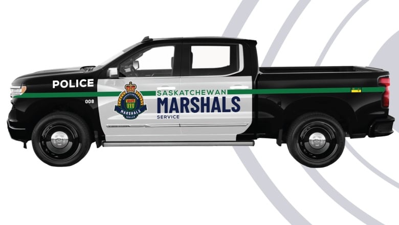 A pickup truck branded with Saskatchewan Marshals Service green, black and white colours.