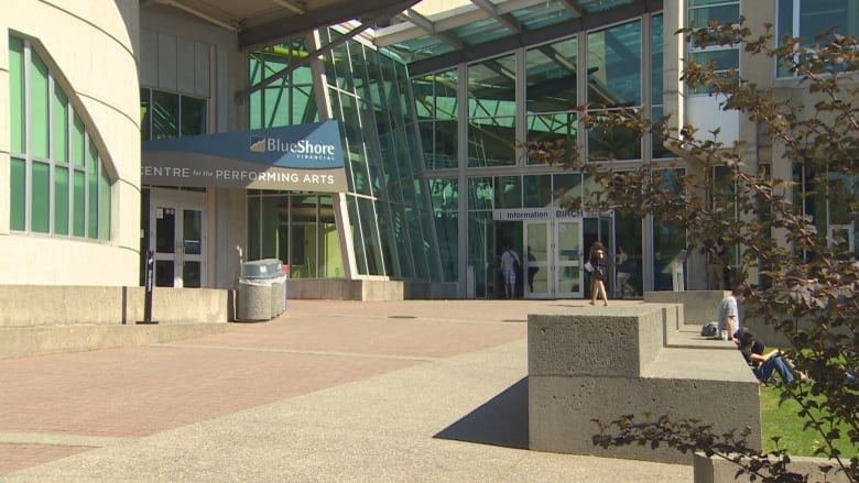 A building marked 'Blueshore Centre for the Performing Arts' is pictured from the outside.