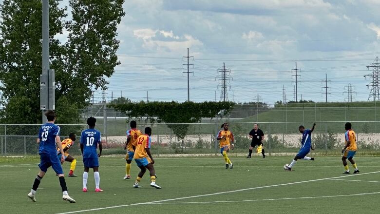 Soccer players on a field.