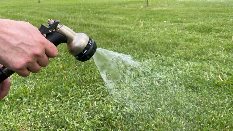 A person holding a watering hose. 