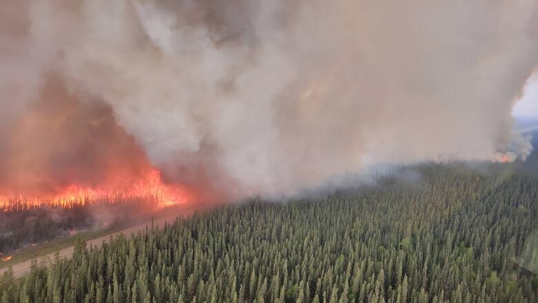 A widlfire is seen from above, burning beside a road.