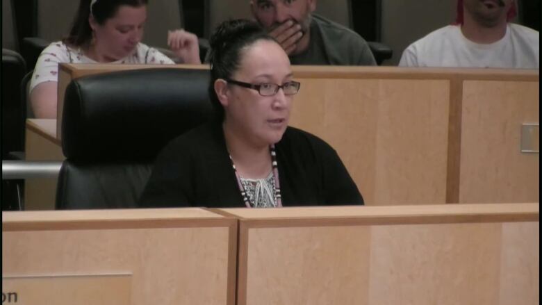 Lisa Sunshine sitting in front of Regina City Council. was among the speakers who advocated for the renaming of Dewdney Avenue on Wednesday. 