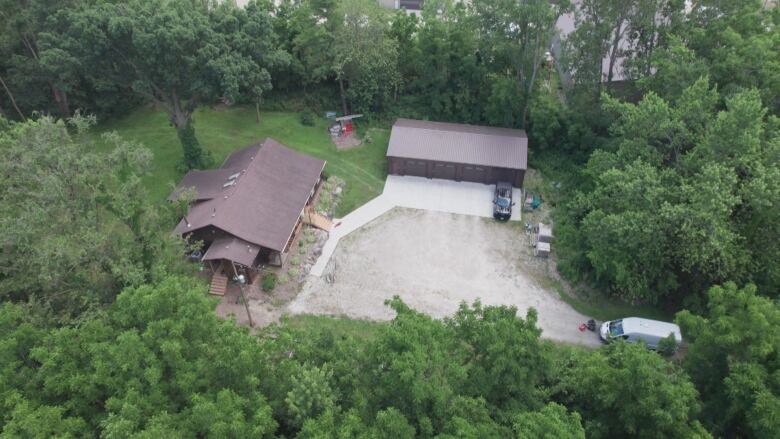 An aerial view of a country home.