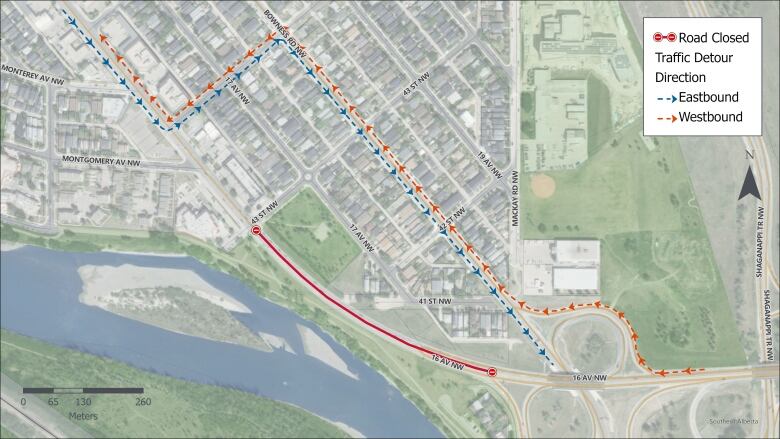 a map shows blue and orange lines marking roadway detours, and a red line marking closures.