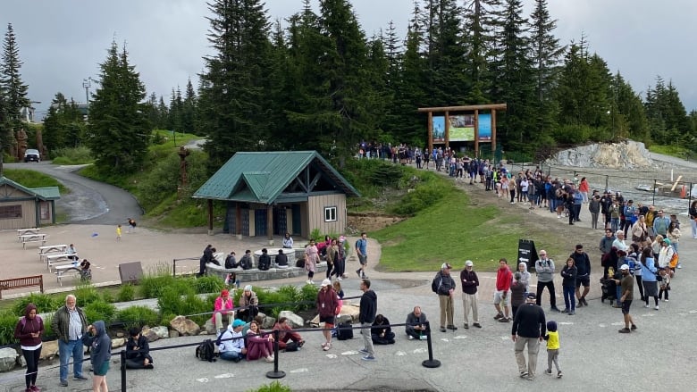 people stand in a snaking lineup