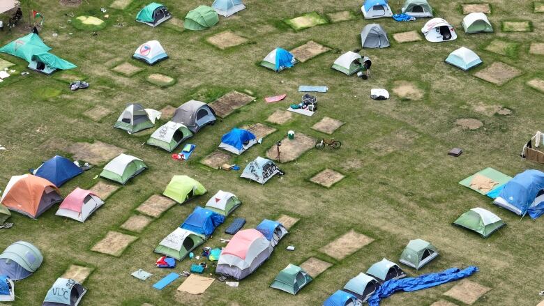 A drone image is shown here of the University of Toronto encampment on the day that the Ontario Superior Court of Justice granted the school an injunction to clear the tents.