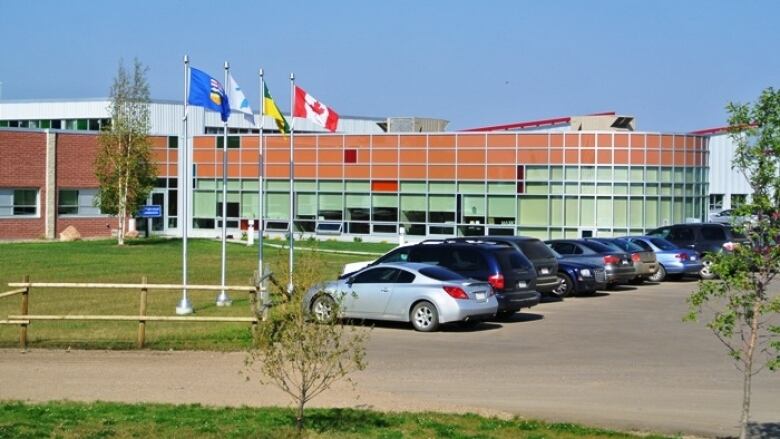 Flags and cars are outside a building.