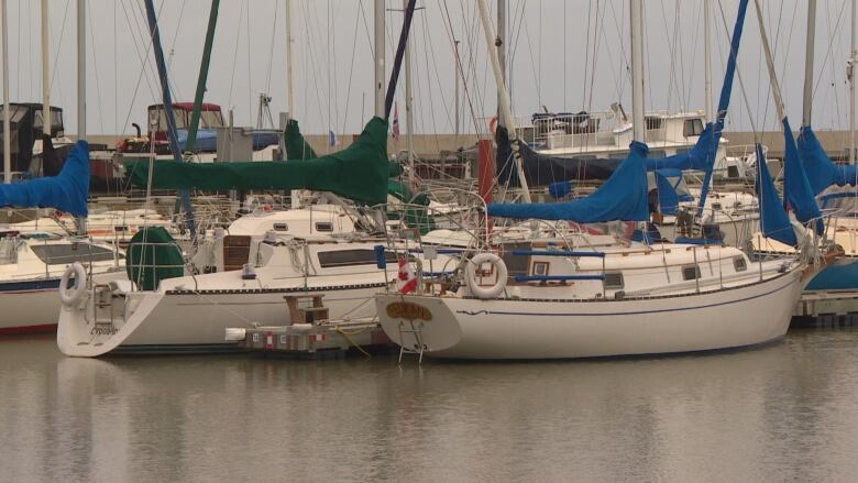 A closeup of the sailboats in Gimli's harbour.