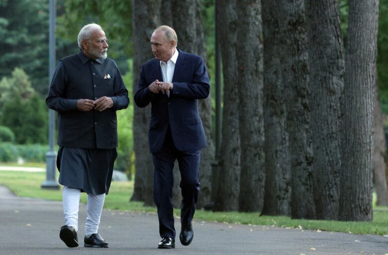 Two men walk on a road lined with trees. 