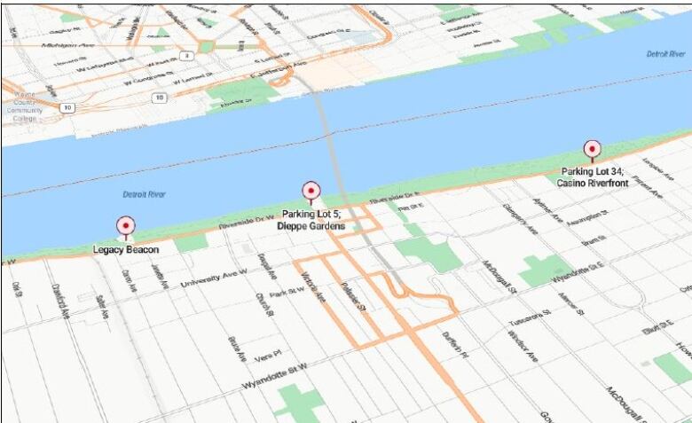 Map showing three locations along Windsor riverfront for charging stations to go in.