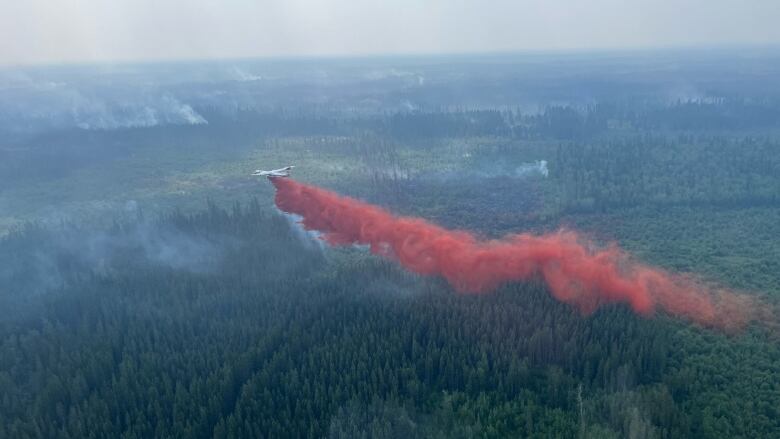 A plane flies over a forest with red smoke blowing from behind the plane. 