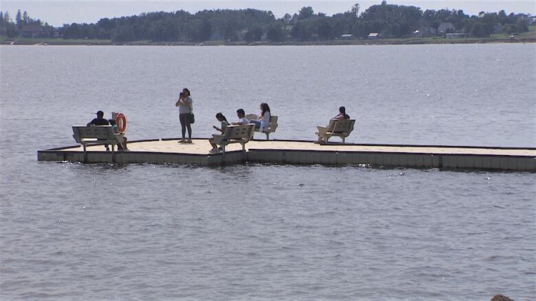 Seven people on the floating dock in Charlottetown Harbour