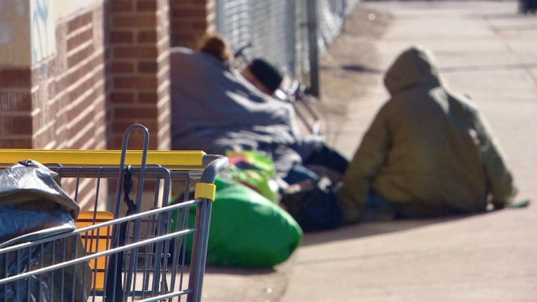 People experiencing homelessness sit outside with a shopping cart. 