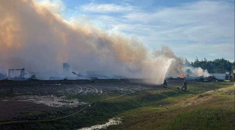 Grass, mud and water in front of a bank of white smoke, in which can be seen dark outlines of scattered rubble. Two firefighters work near a hose that runs across the grass and sprays water towards a small flame in the distance.