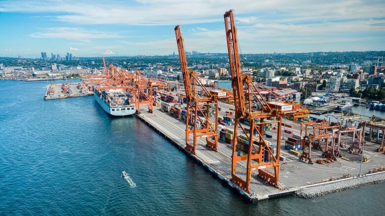 Large cranes and stacks of cargo are seen at a port.