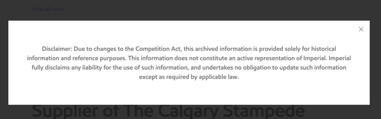 A disclaimer saying that information on the site is solely for archival purposes after changes to the competition act.