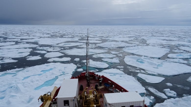 Canadian Coastguard Ship passes through broken sea ice.