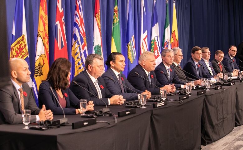 Ontario Premier Doug Ford, fifth from left, answers questions from the press during a press conference at the meeting of the Council of the Federation, where Canada's provincial and territorial leaders meet, in Halifax, Monday, Nov. 6, 2023.